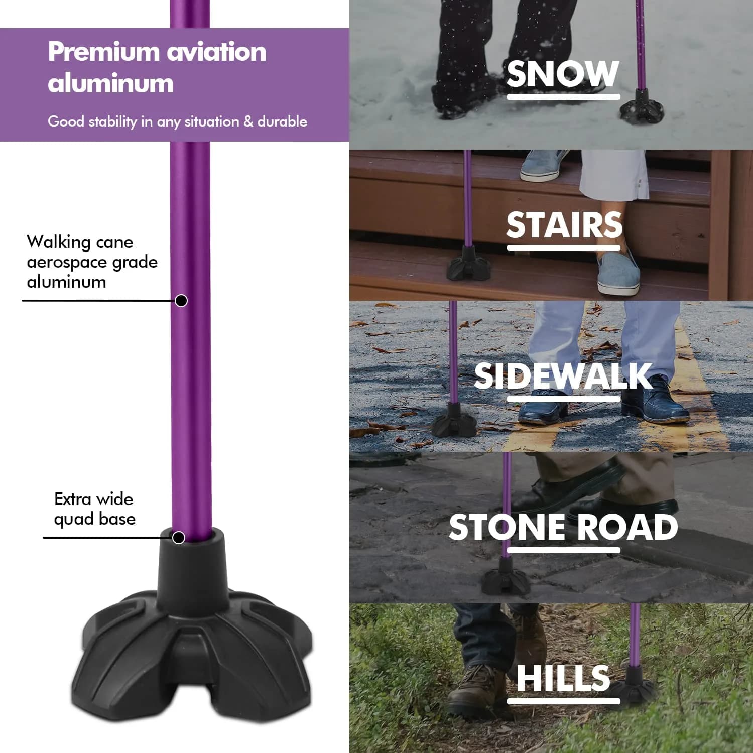 GPTCAMP Quad Base Walking Cane with Offset EVA Handle & Self-Standing Feature | 1.1 lbs Lightweight, 300 lbs Capacity, Adjustable 31"-36" - view 3