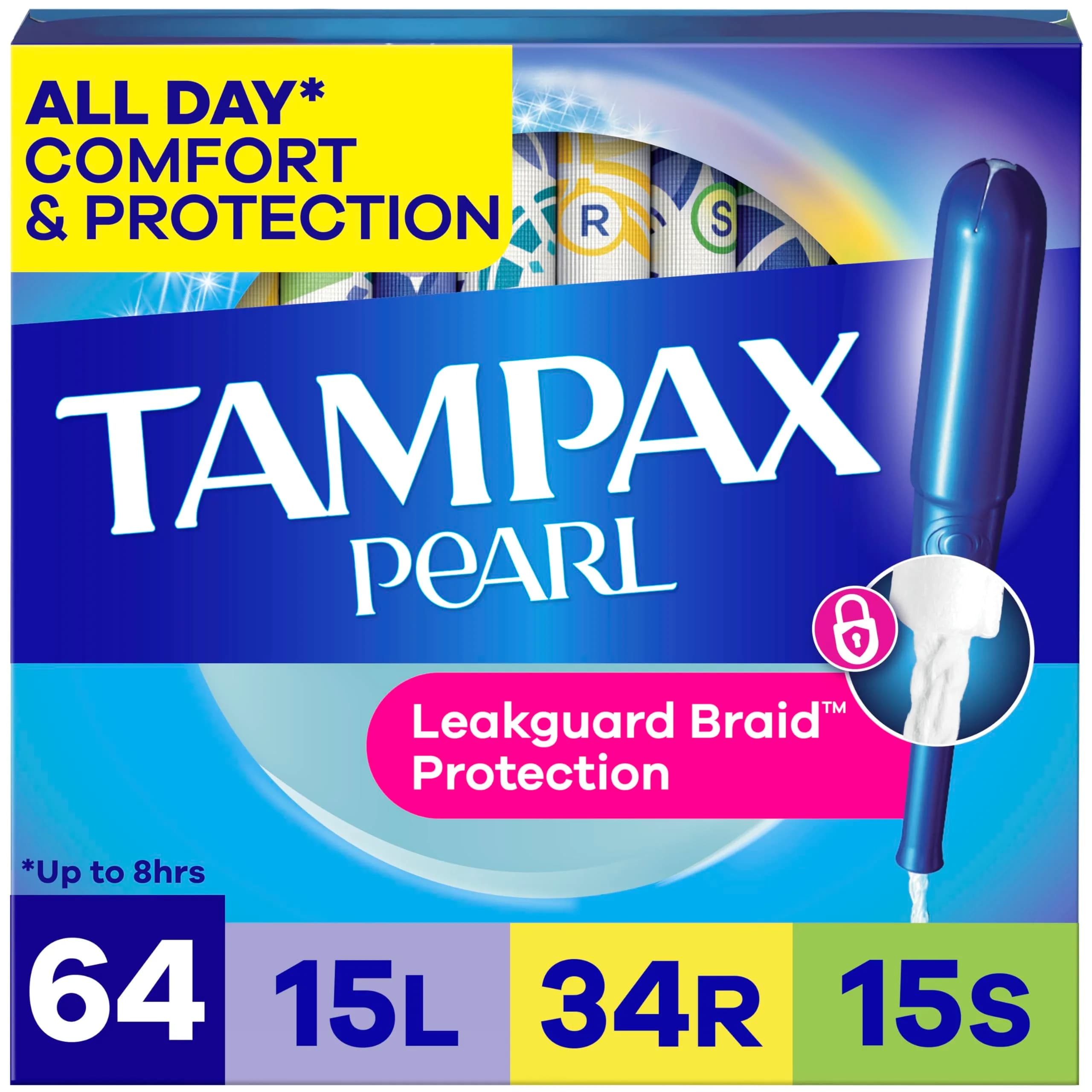 Tampax Pearl Tampons with Leak-Proof Braid, Lightweight/Regular/Super Absorbent, Unscented (Pack of 64) - main product image