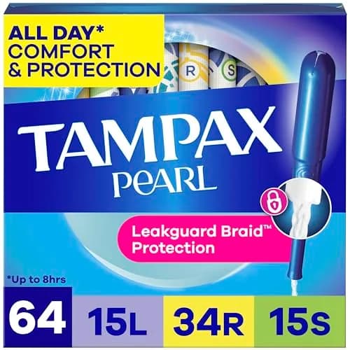 Tampax Pearl Tampons with Leak-Proof Braid, Lightweight/Regular/Super Absorbent, Unscented (Pack of 64) thumbnail 1
