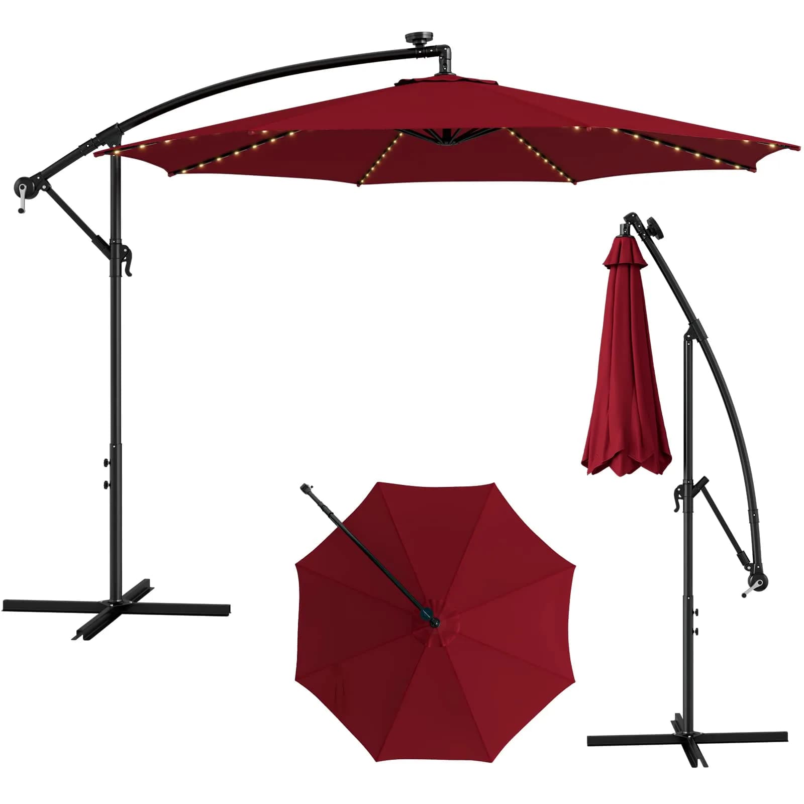 HAPPYGRILL 10 ft Offset Umbrella with 112 LED Lights | Solar-Powered, Tilt & Crank, Stable Cross Base Stand