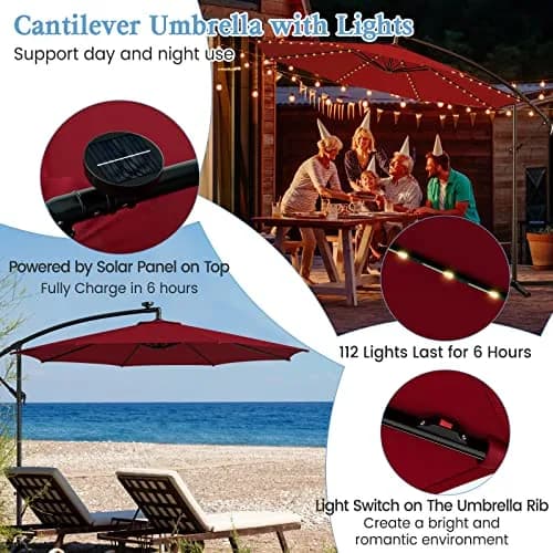 HAPPYGRILL 10 ft Offset Umbrella with 112 LED Lights | Solar-Powered, Tilt & Crank, Stable Cross Base Stand thumbnail 5