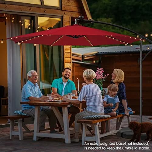 HAPPYGRILL 10 ft Offset Umbrella with 112 LED Lights | Solar-Powered, Tilt & Crank, Stable Cross Base Stand thumbnail 2
