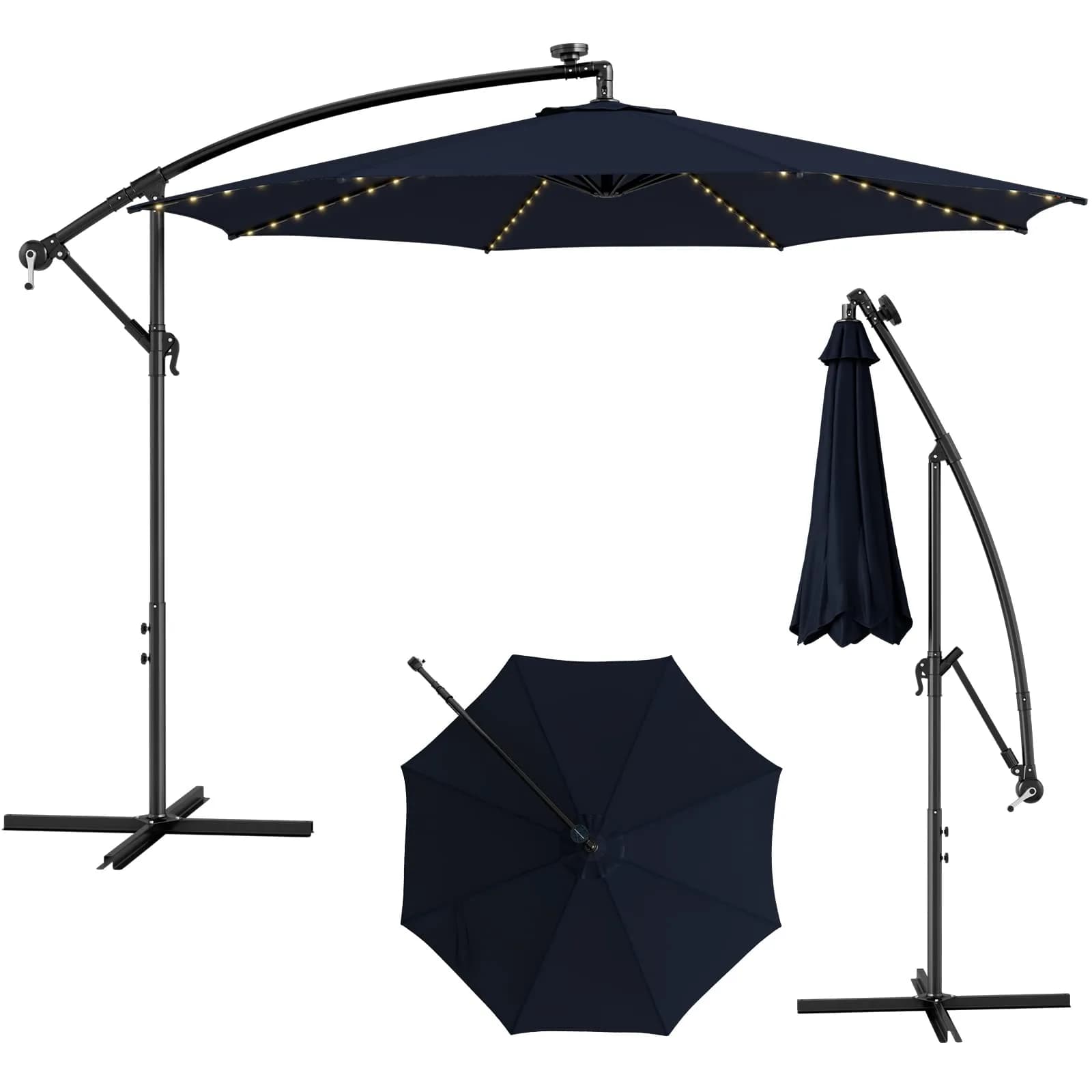 HAPPYGRILL 10FT Cantilever Offset Patio Umbrella with Solar Lights | Large 80 sq.ft Shade, Solar LED, Tilt & Crank, Stable Metal Support — Navy