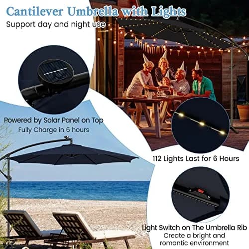 HAPPYGRILL 10FT Cantilever Offset Patio Umbrella with Solar Lights | Large 80 sq.ft Shade, Solar LED, Tilt & Crank, Stable Metal Support thumbnail 5