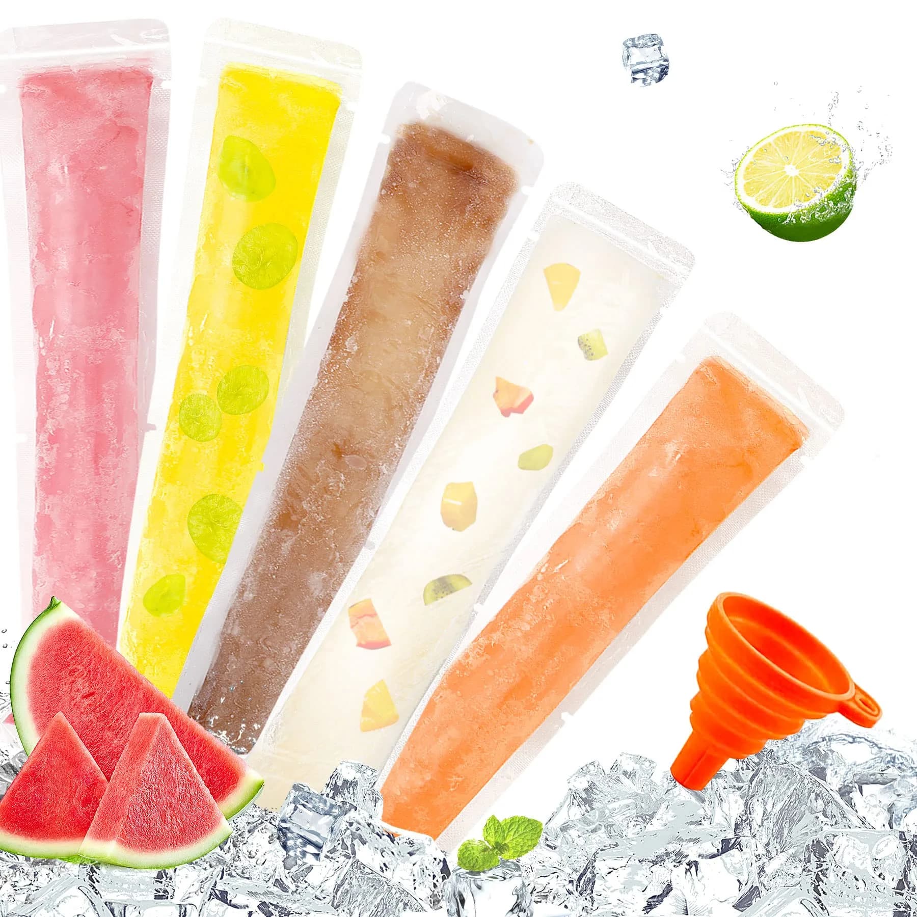 FEBSNOW 200Pcs Ice Pop Mold Bags with Funnel, 27.94cm (11") x 5.08cm (2") | BPA Free Reusable Zip Seals — Transparent