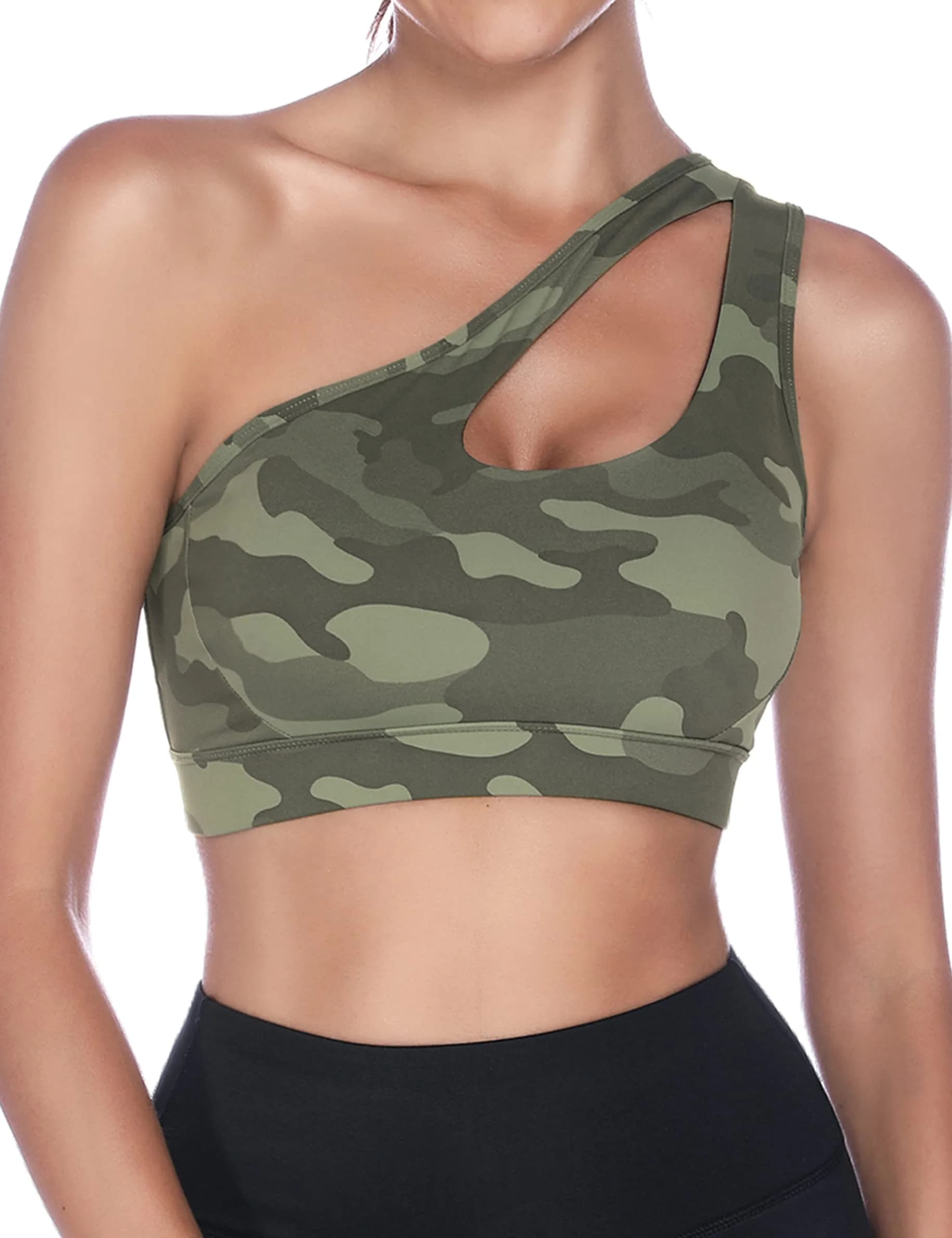 Sykooria Women's One Shoulder Sports Bra Camouflage Green | Medium Support, Breathable & Soft Fabric