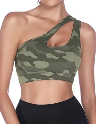 Sykooria Women's One Shoulder Sports Bra Camouflage Green | Medium Support, Breathable & Soft Fabric thumbnail 1