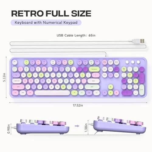 KNOWSQT Wired Computer Keyboard - Purple Colorful Retro Full Size Round Keycaps | Typewriter Style, Compatible with Windows & PC thumbnail 9
