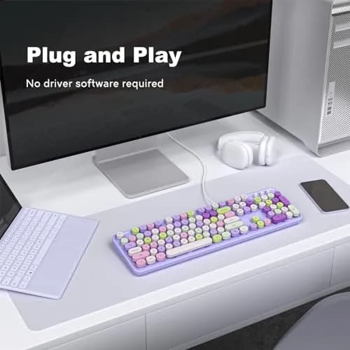KNOWSQT Wired Computer Keyboard - Purple Colorful Retro Full Size Round Keycaps | Typewriter Style, Compatible with Windows & PC thumbnail 2