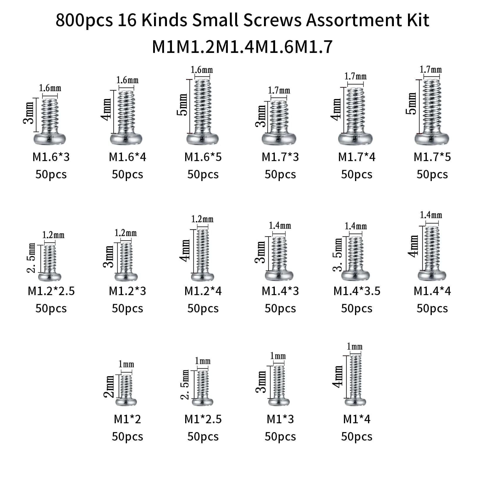 woshilaoDS Tiny Screws for Electronics Assortment Kit M1-M1.7, 800 Pcs | Metric Micro Screws for Repairs - view 2