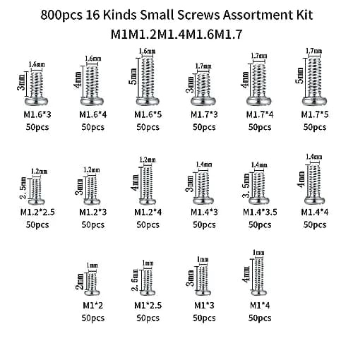 woshilaoDS Tiny Screws for Electronics Assortment Kit M1-M1.7, 800 Pcs | Metric Micro Screws for Repairs thumbnail 2