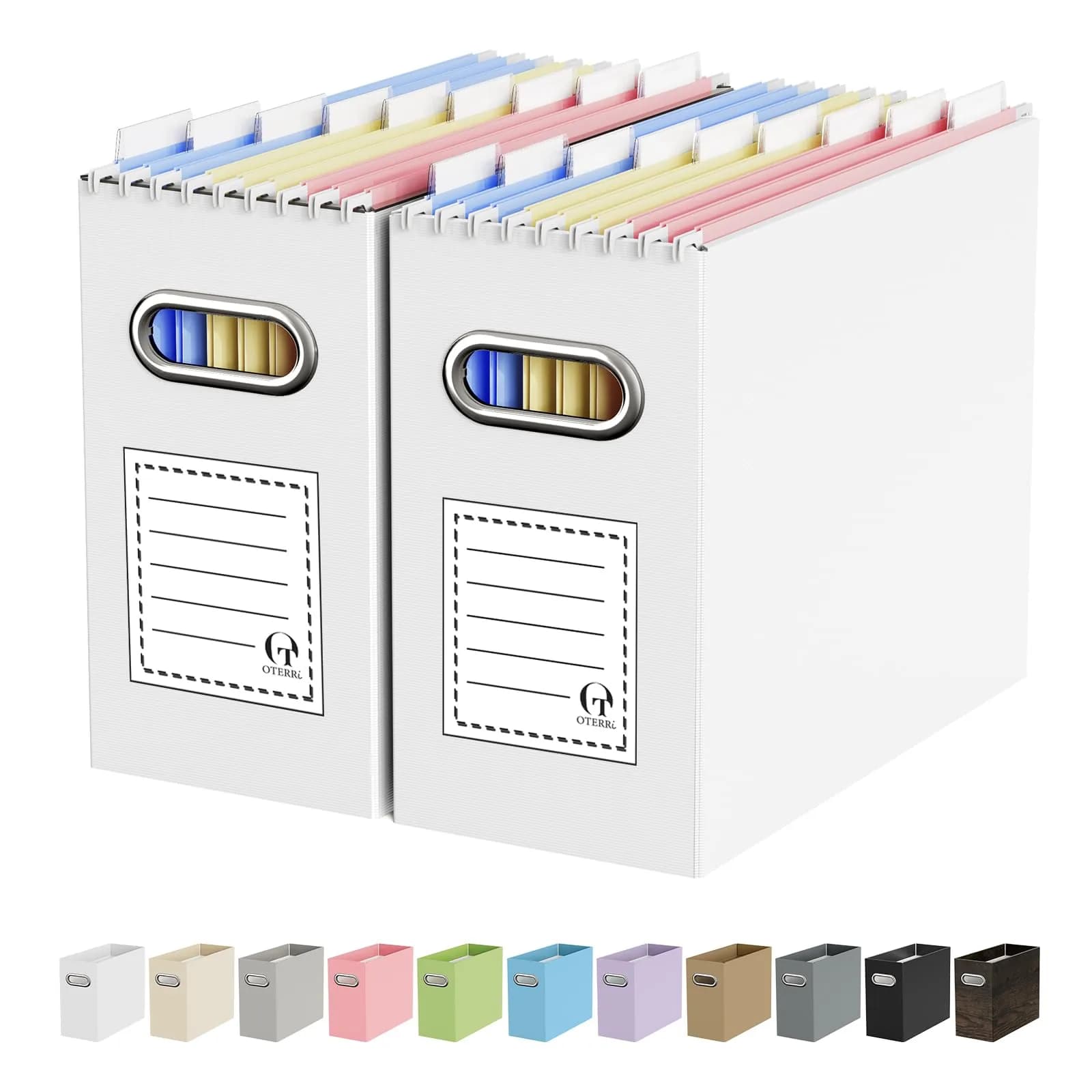 Oterri Heavy-Duty Collapsible Cardboard File Box with Stainless Steel Handle for Letter-Size Files, 2-Pack, White | Reinforced Corrugated Core for Durability — White