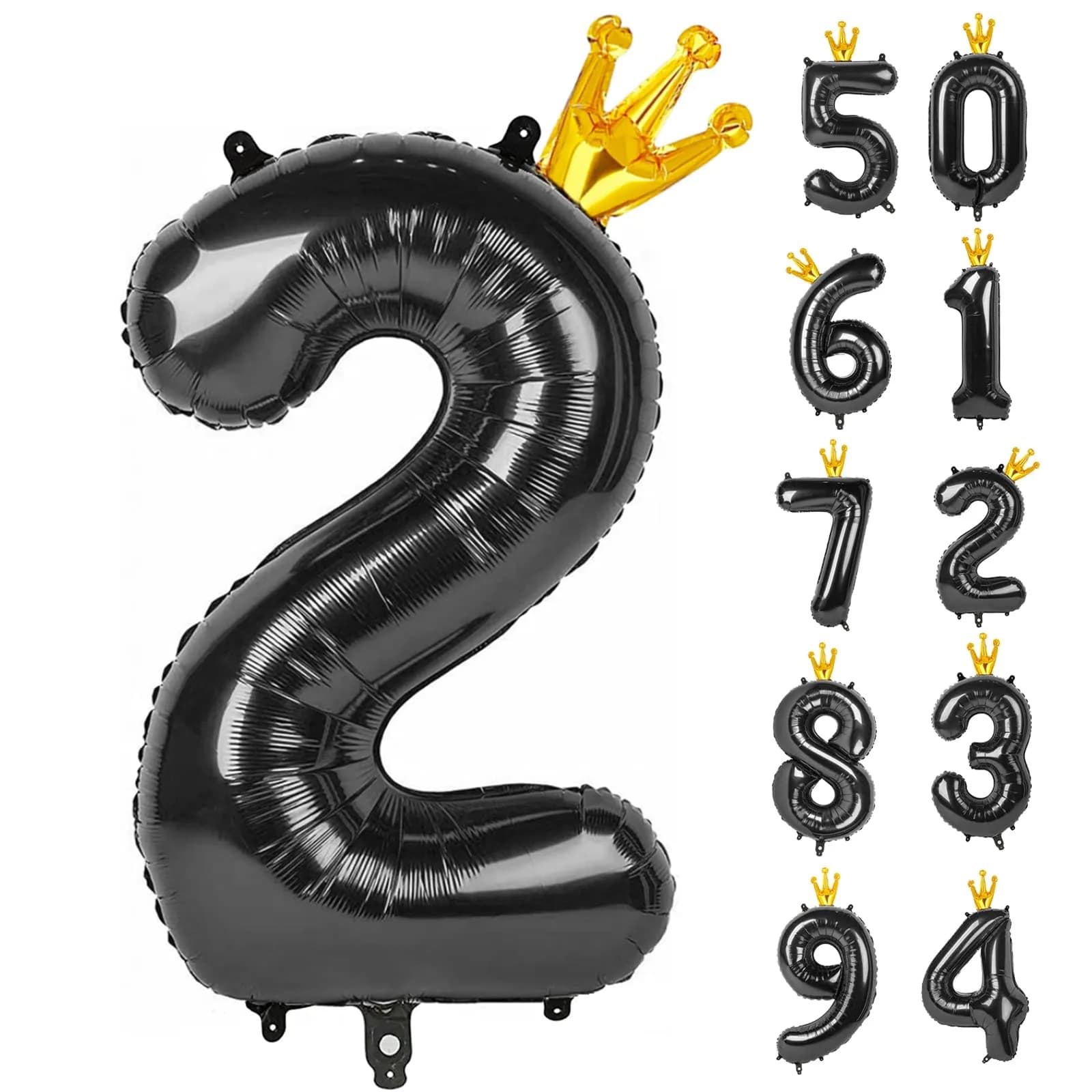 IWERP Black With Crown Number 2 Balloon - 40 Inch Reusable Foil Balloon for 2nd Birthday Decorations - main product image