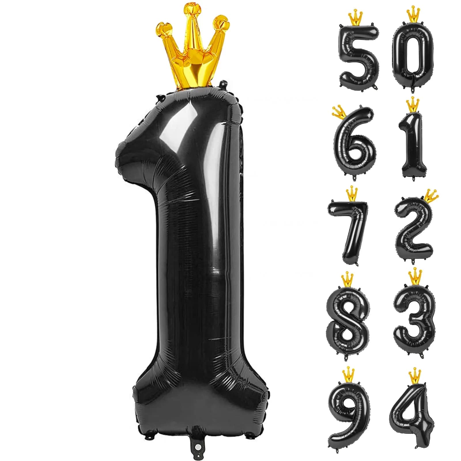 IWERP Black Crown 0 Number Balloon 40 Inch | Reusable Foil Party Decoration — Black With Crown / Number 1