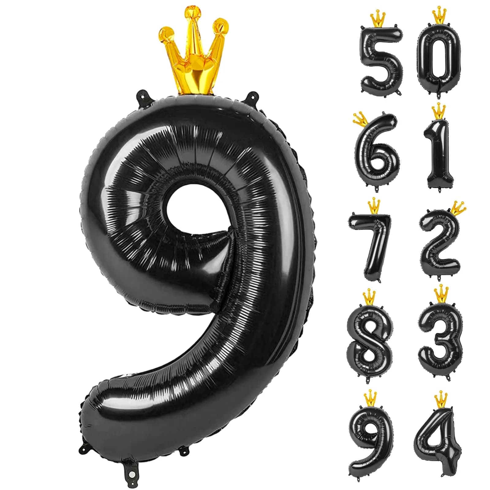 IWERP Black Crown 9 Balloon - 40 Inch Giant Foil Number 9 Birthday Decoration | Reusable Party Accessory - main product image