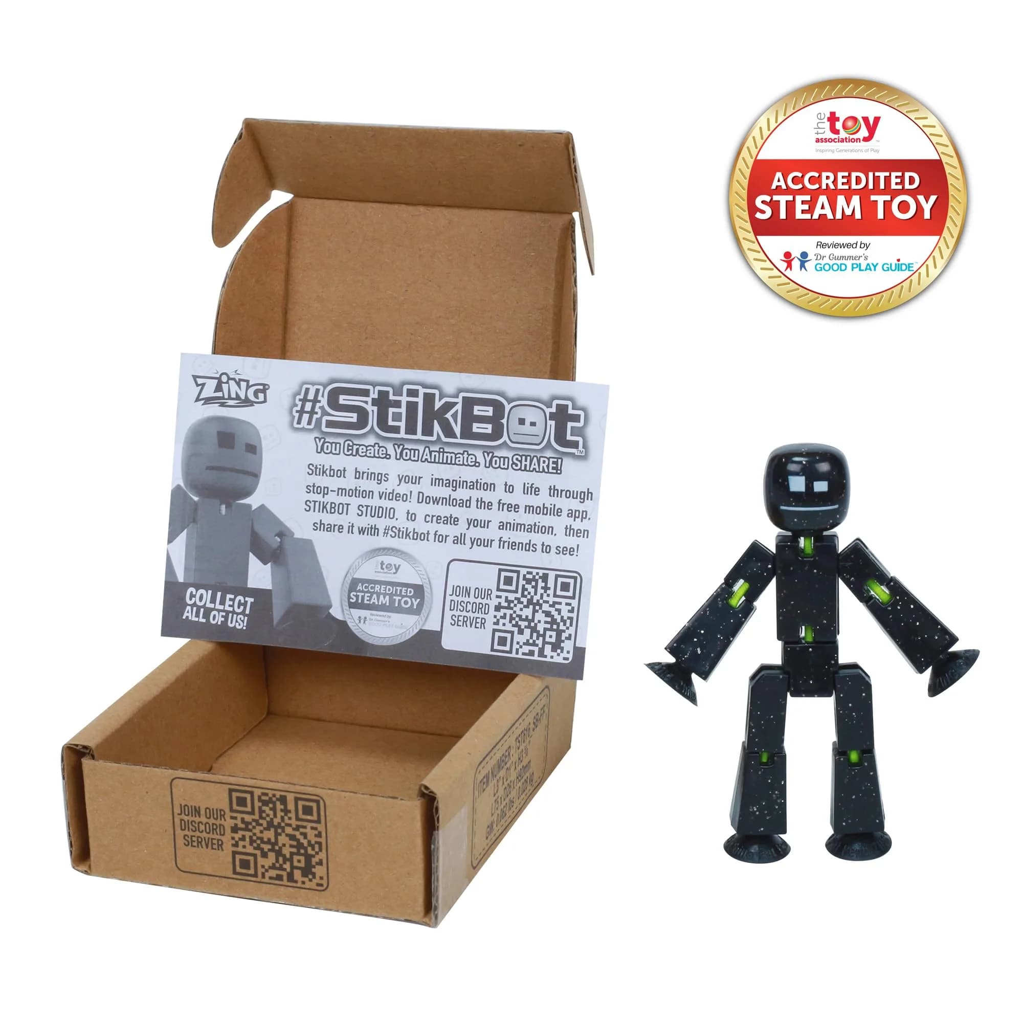 Zing StikBot Single Pack Solid Black Sparkle | Award-Winning Stop Motion Animation Toy with Suction Cup Feet & Articulating Joints - view 2