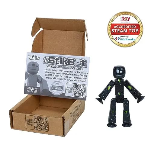 Zing StikBot Single Pack Solid Black Sparkle | Award-Winning Stop Motion Animation Toy with Suction Cup Feet & Articulating Joints thumbnail 2