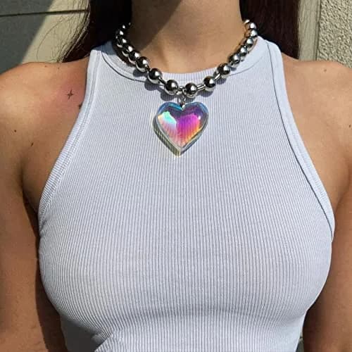 Caiyao Heart Pendant Necklace 35mm | Y2K Colorful Chunky Glass Beaded Chain thumbnail 3