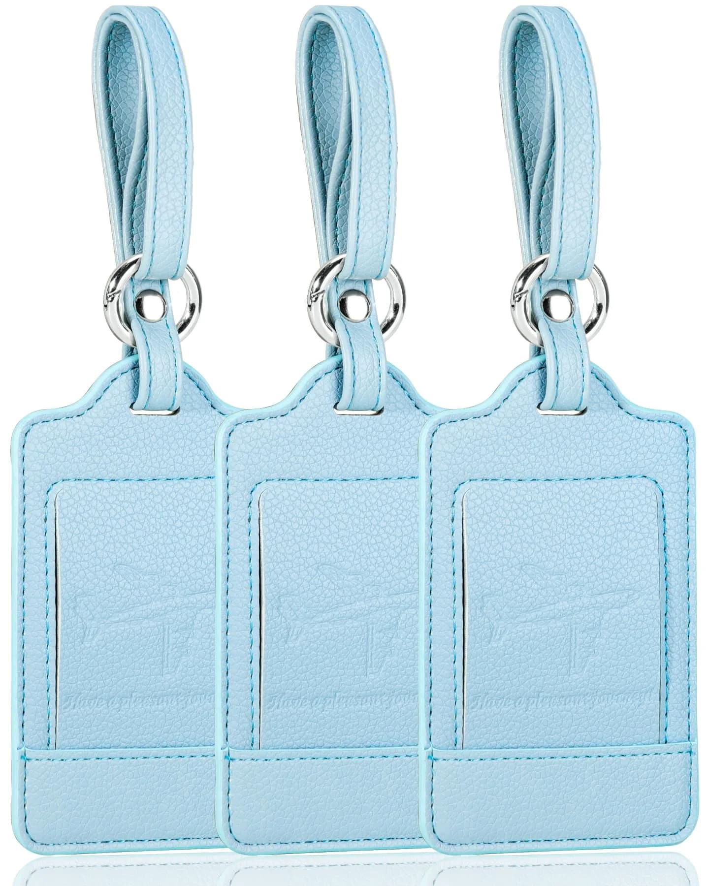 Teskyer Leather Luggage Tags for Suitcases 3 Pack | Lichee Cyan, Privacy & Durability, 2.7x10.7 inches
