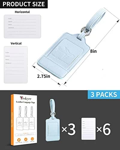 Teskyer Leather Luggage Tags for Suitcases 3 Pack | Lichee Cyan, Privacy & Durability, 2.7x10.7 inches thumbnail 7