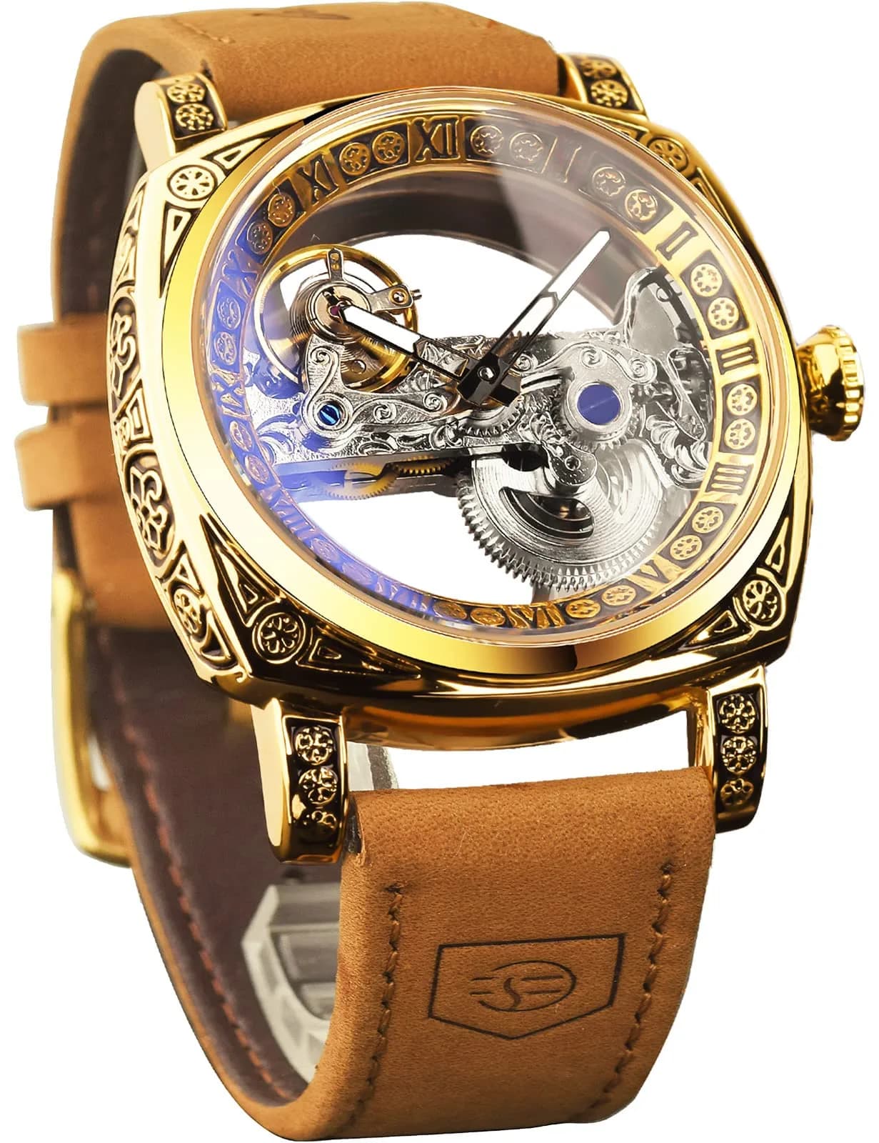 FORSINING Luxury Carved Mechanical Watch 42mm (1.65 in) Gold | Vintage Automatic Leather Strap - main product image
