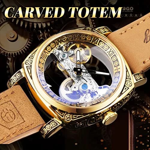 FORSINING Luxury Carved Mechanical Watch 42mm (1.65 in) Gold | Vintage Automatic Leather Strap thumbnail 4