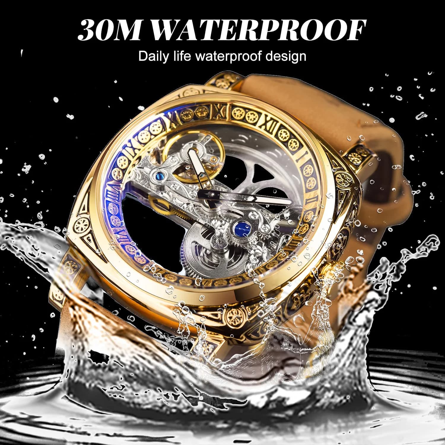 FORSINING Luxury Carved Mechanical Watch 42mm (1.65 in) Gold | Vintage Automatic Leather Strap - view 5