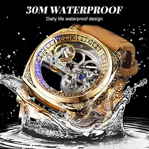 FORSINING Luxury Carved Mechanical Watch 42mm (1.65 in) Gold | Vintage Automatic Leather Strap thumbnail 5