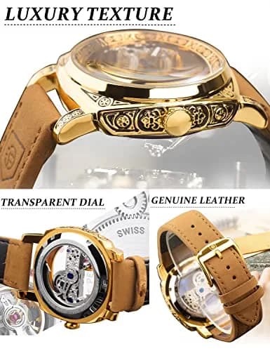 FORSINING Luxury Carved Mechanical Watch 42mm (1.65 in) Gold | Vintage Automatic Leather Strap thumbnail 6