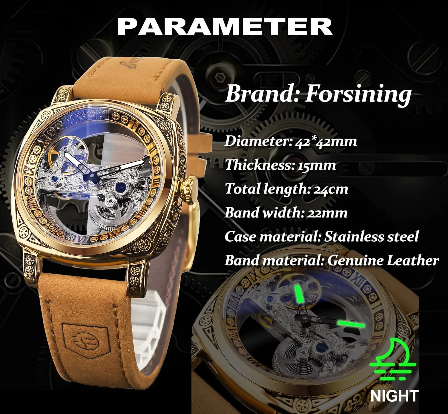 FORSINING Luxury Carved Mechanical Watch 42mm (1.65 in) Gold | Vintage Automatic Leather Strap - view 7