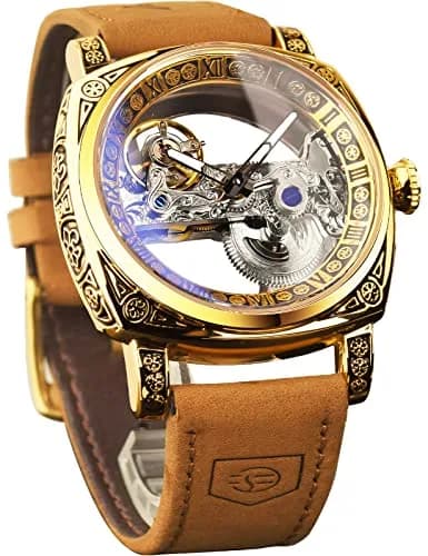 FORSINING Luxury Carved Mechanical Watch 42mm (1.65 in) Gold | Vintage Automatic Leather Strap thumbnail 1