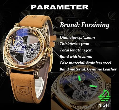 FORSINING Luxury Carved Mechanical Watch 42mm (1.65 in) Gold | Vintage Automatic Leather Strap thumbnail 7