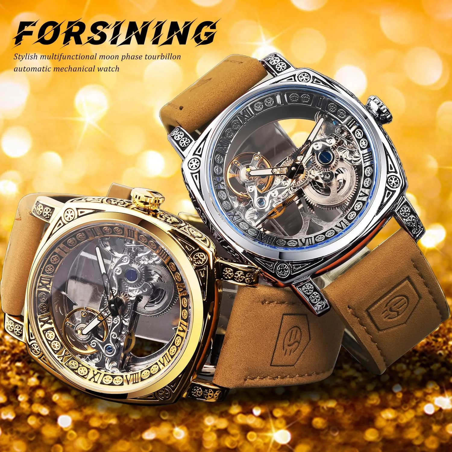 FORSINING Luxury Carved Mechanical Watch 42mm (1.65 in) Gold | Vintage Automatic Leather Strap - view 8