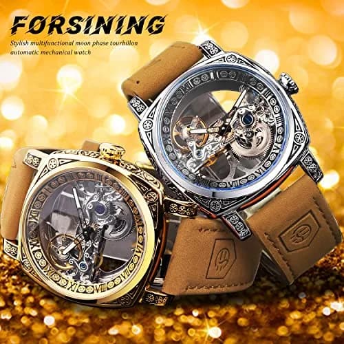FORSINING Luxury Carved Mechanical Watch 42mm (1.65 in) Gold | Vintage Automatic Leather Strap thumbnail 8