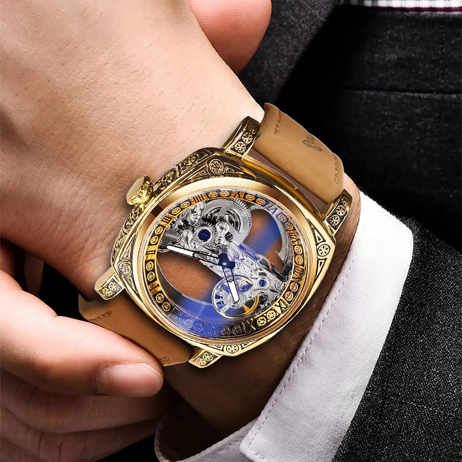 FORSINING Luxury Carved Mechanical Watch 42mm (1.65 in) Gold | Vintage Automatic Leather Strap - view 9