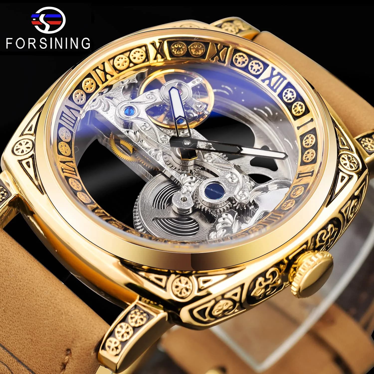 FORSINING Luxury Carved Mechanical Watch 42mm (1.65 in) Gold | Vintage Automatic Leather Strap - view 2