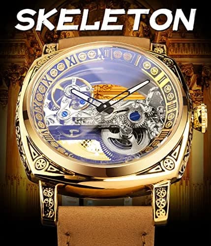 FORSINING Luxury Carved Mechanical Watch 42mm (1.65 in) Gold | Vintage Automatic Leather Strap thumbnail 3