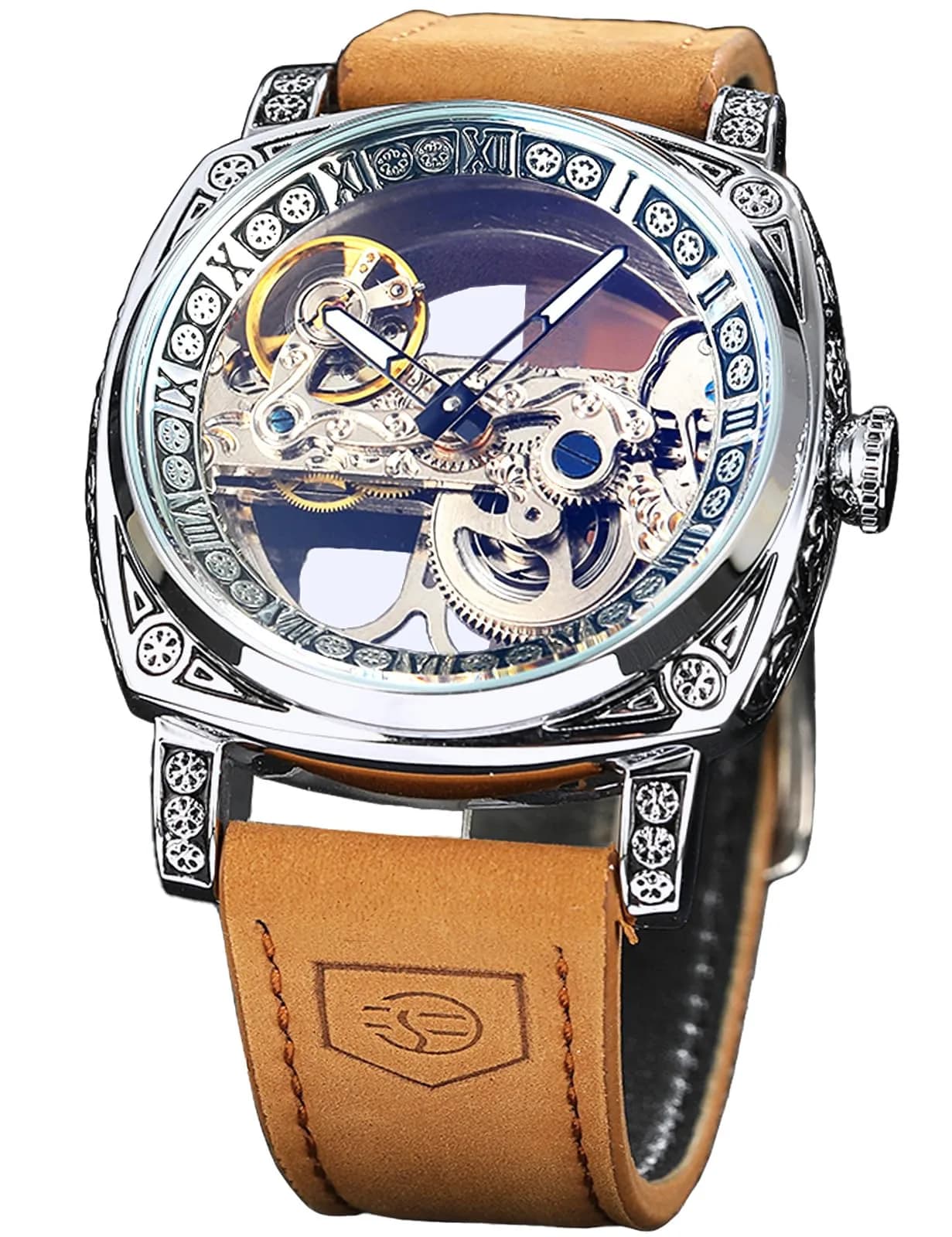 FORSINING Men's Luxury Square Carving Mechanical Watch 42mm (1.65in) | Retro Totem Double Sided Hollow Skeleton Self-Wind Automatic Vintage Leather Strap Wristwatch - main product image