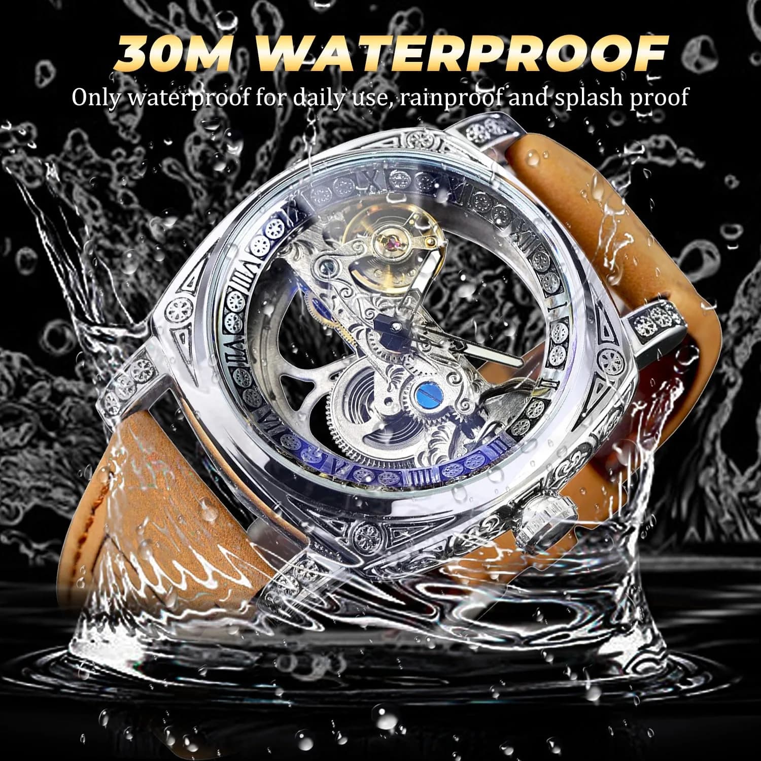 FORSINING Men's Luxury Square Carving Mechanical Watch 42mm (1.65in) | Retro Totem Double Sided Hollow Skeleton Self-Wind Automatic Vintage Leather Strap Wristwatch - view 5