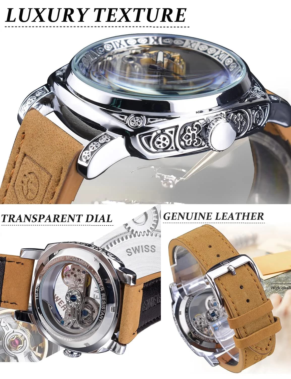 FORSINING Men's Luxury Square Carving Mechanical Watch 42mm (1.65in) | Retro Totem Double Sided Hollow Skeleton Self-Wind Automatic Vintage Leather Strap Wristwatch - view 6
