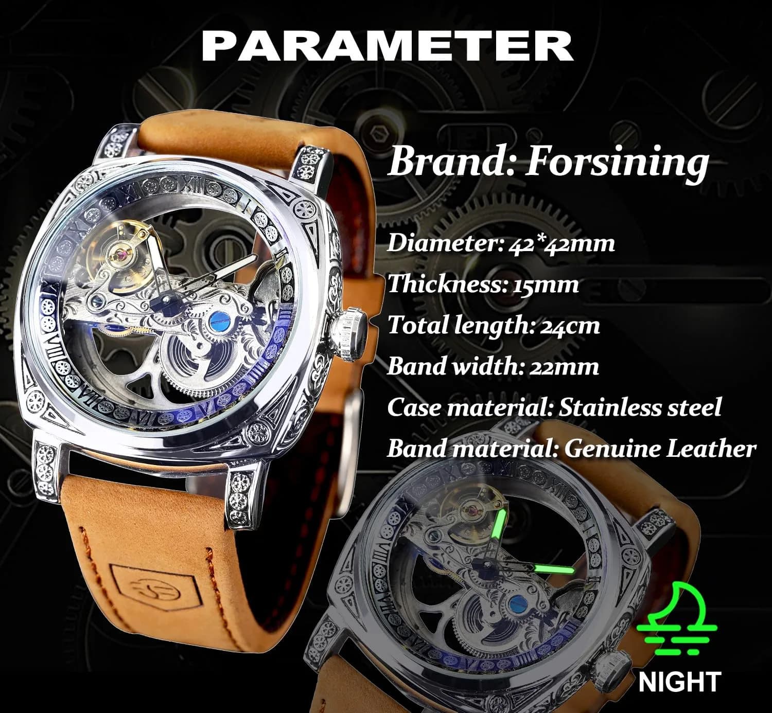 FORSINING Men's Luxury Square Carving Mechanical Watch 42mm (1.65in) | Retro Totem Double Sided Hollow Skeleton Self-Wind Automatic Vintage Leather Strap Wristwatch - view 7