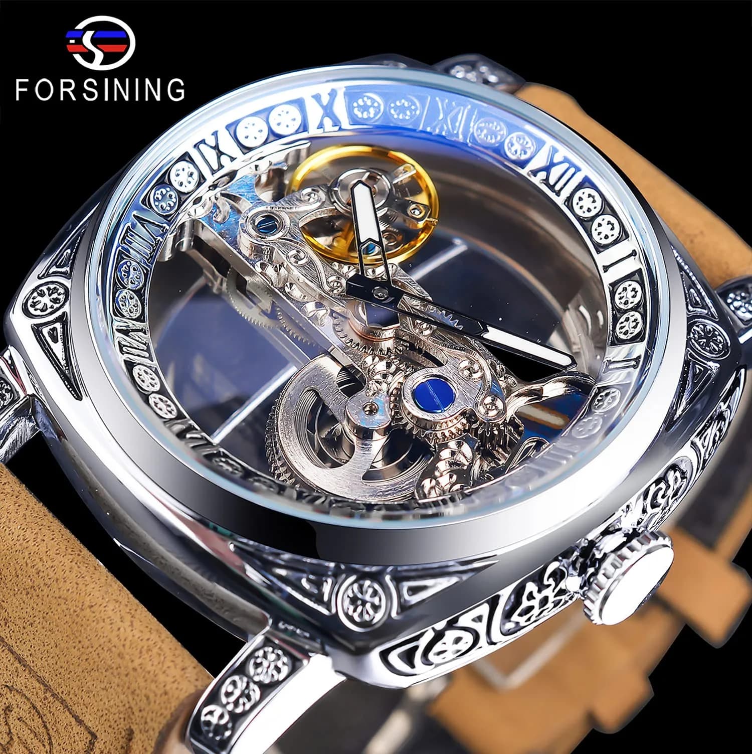 FORSINING Men's Luxury Square Carving Mechanical Watch 42mm (1.65in) | Retro Totem Double Sided Hollow Skeleton Self-Wind Automatic Vintage Leather Strap Wristwatch - view 2