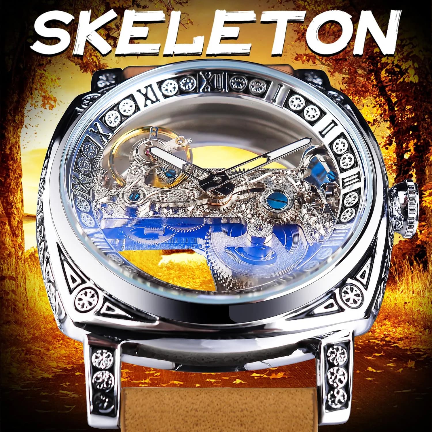 FORSINING Men's Luxury Square Carving Mechanical Watch 42mm (1.65in) | Retro Totem Double Sided Hollow Skeleton Self-Wind Automatic Vintage Leather Strap Wristwatch - view 3