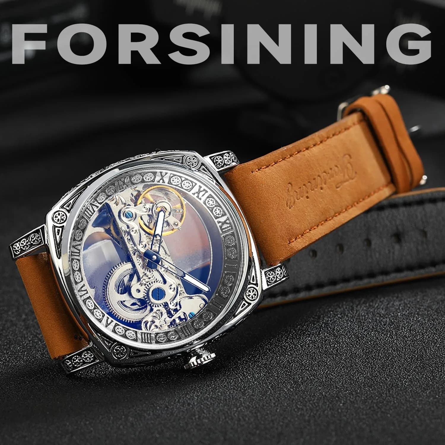 FORSINING Men's Luxury Square Carving Mechanical Watch 42mm (1.65in) | Retro Totem Double Sided Hollow Skeleton Self-Wind Automatic Vintage Leather Strap Wristwatch - view 4