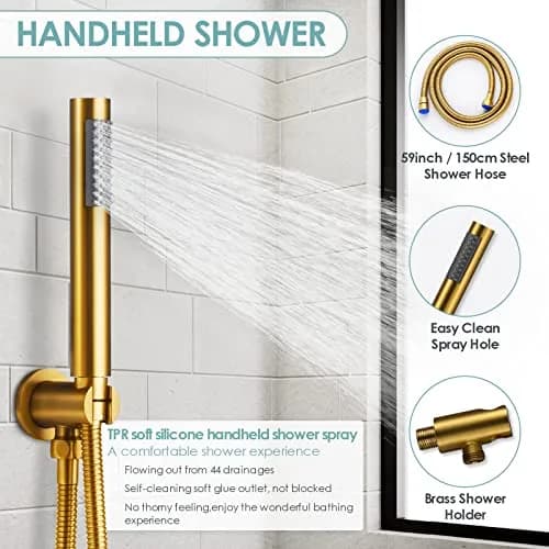 EVERSTEIN Shower System with Tub Spout | 10 Inch High Pressure Rain Shower Head & Handheld Sprayer, Brushed Gold thumbnail 5