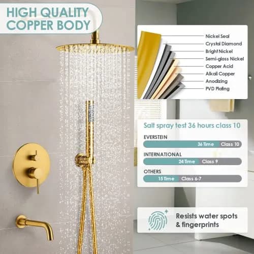 EVERSTEIN Shower System with Tub Spout | 10 Inch High Pressure Rain Shower Head & Handheld Sprayer, Brushed Gold thumbnail 8