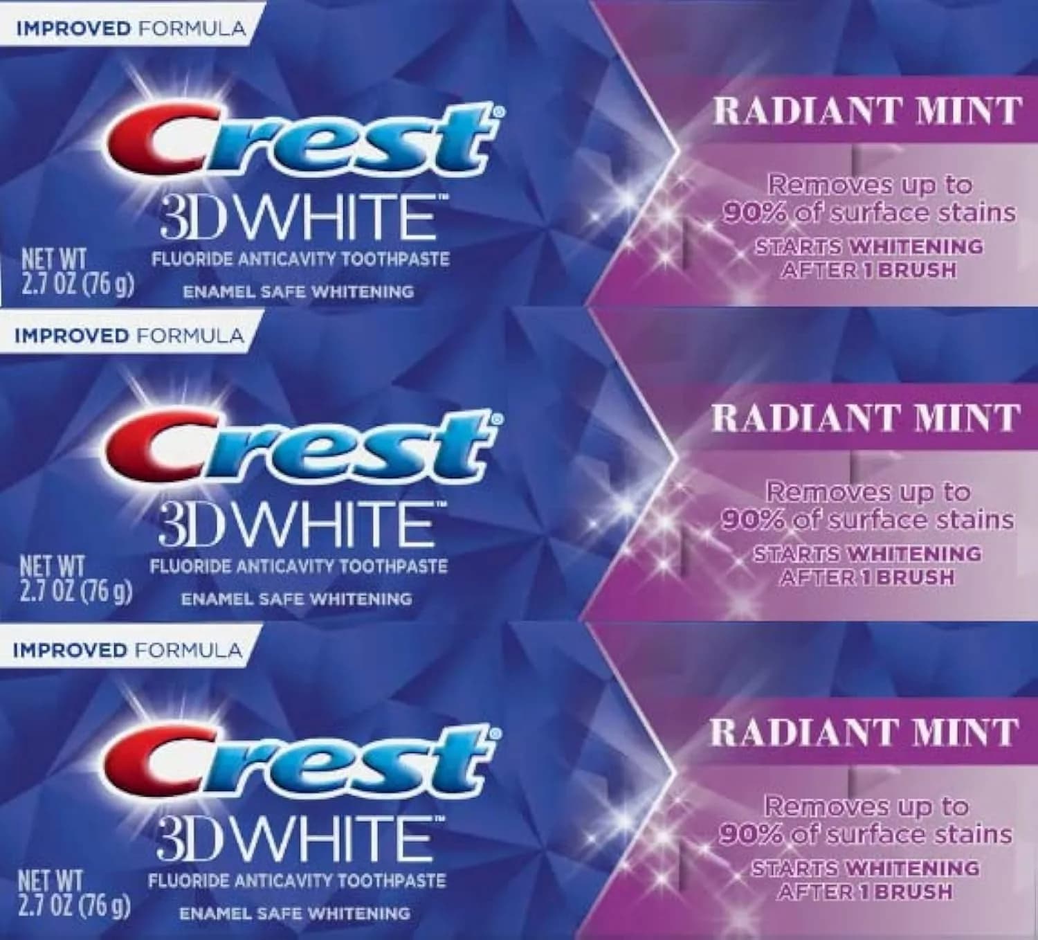 Crest 3D White Radiant Mint Toothpaste 76g (2.7 Oz) - Pack of 3 | Removes 90% Surface Stains — 2.7 Ounce