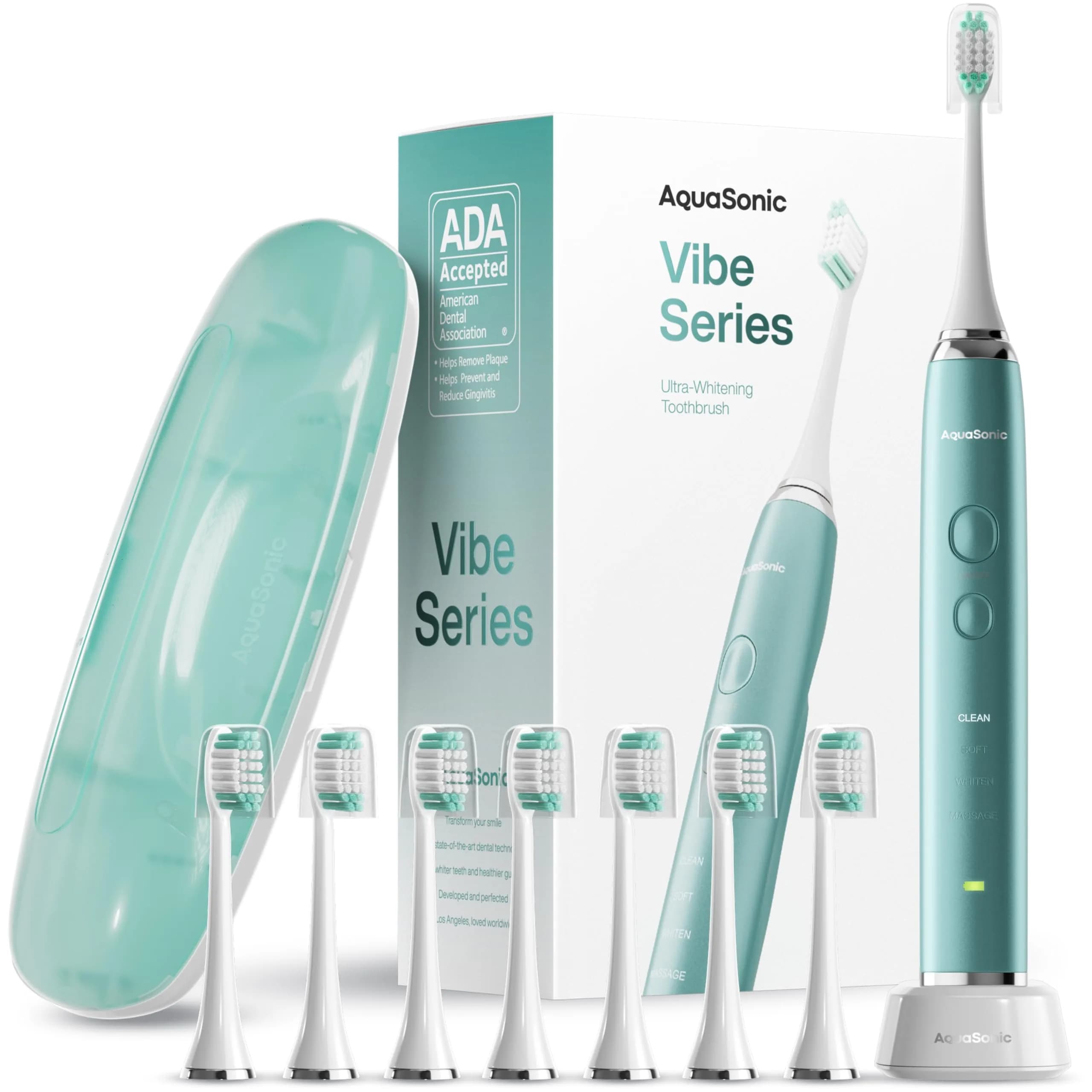 Aquasonic Vibe Series Ultra-Whitening Toothbrush with 8 Brush Heads & Travel Case - Mint Green Metallic (1 Count) — Mint Green Metallic