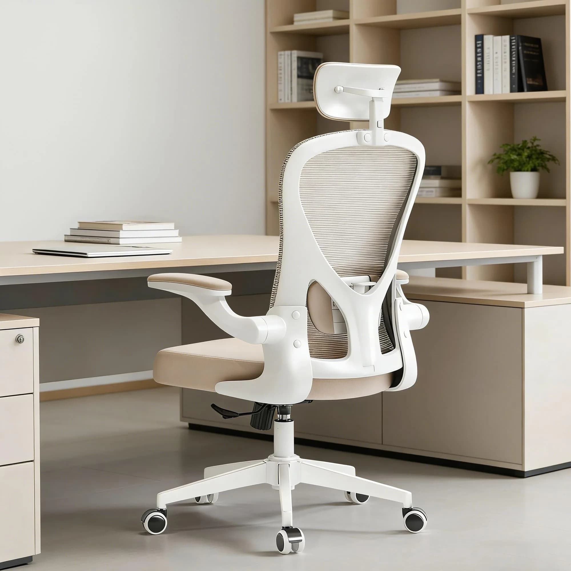 SICHY AGE High Back Mesh Office Desk Chair with Adjustable Lumbar Support & Flip-Up Armrests (Khaki, 23in x 29in x 28in)