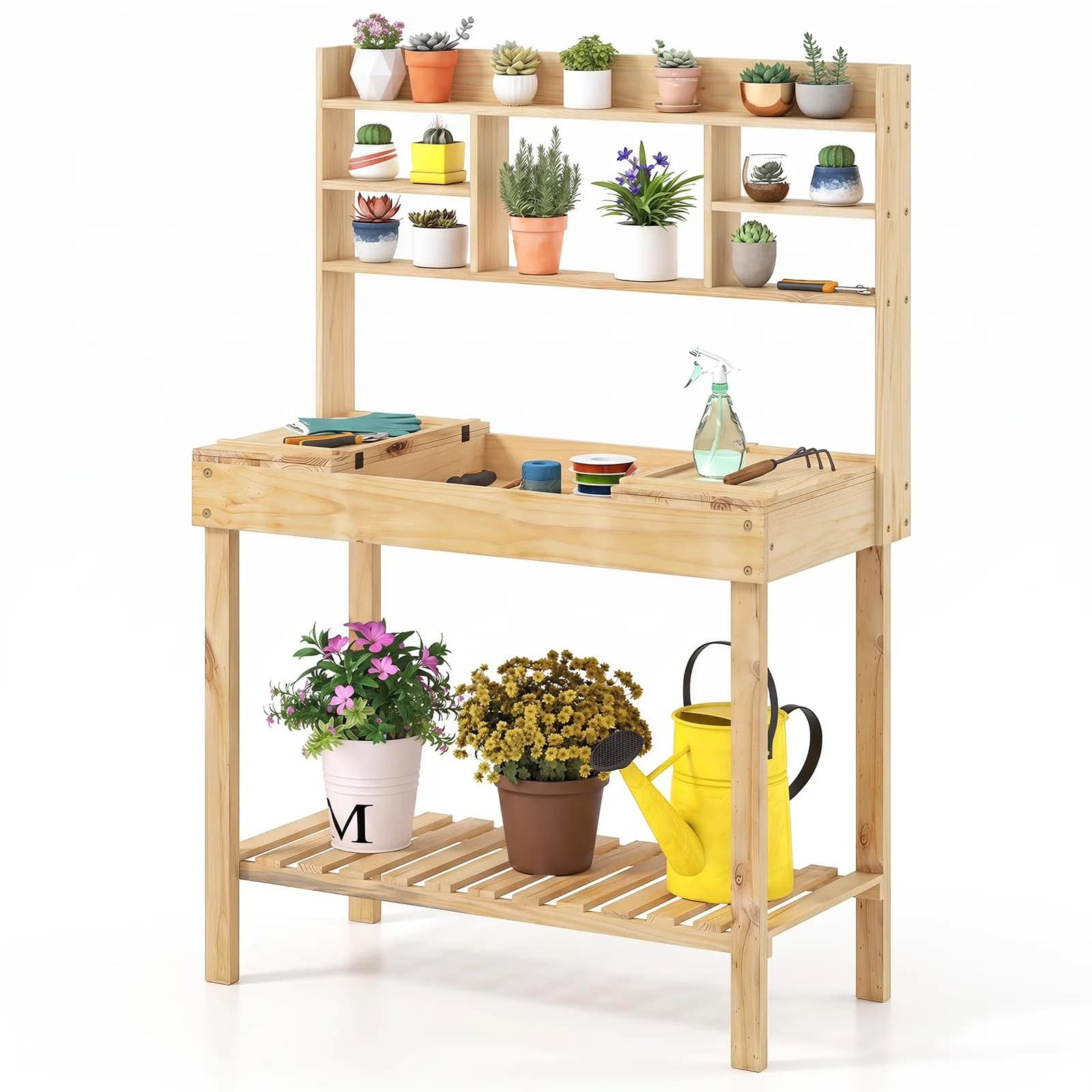 HAPPYGRILL Potting Bench Table, 60” Wood Garden Work Bench with Storage, Natural Fir, Outdoor
